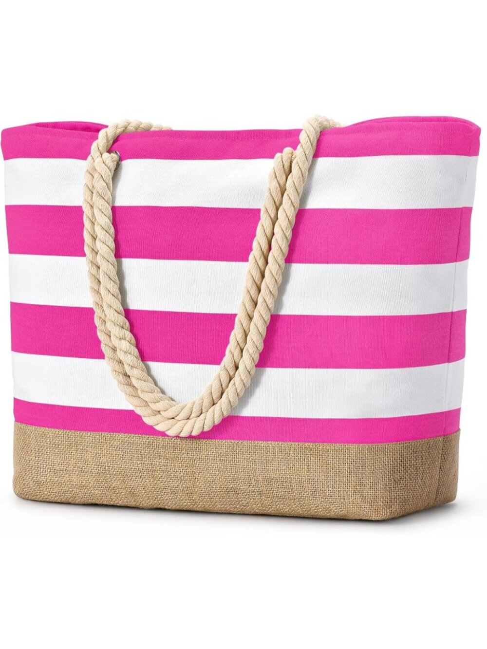 Women's Pink Large Canvas Jute Beach Tote Bag Sandproof Swim Pool Bag Zipper